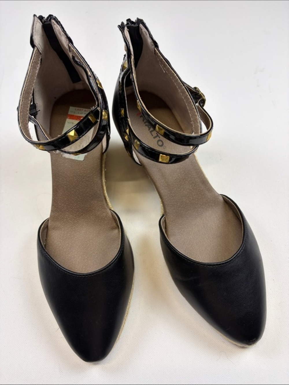 RIALTO BLACK STUDDED ESPADRILLE WEDGE PUMPS POINTED TOE ANKLW STRAP SIZE 9.5